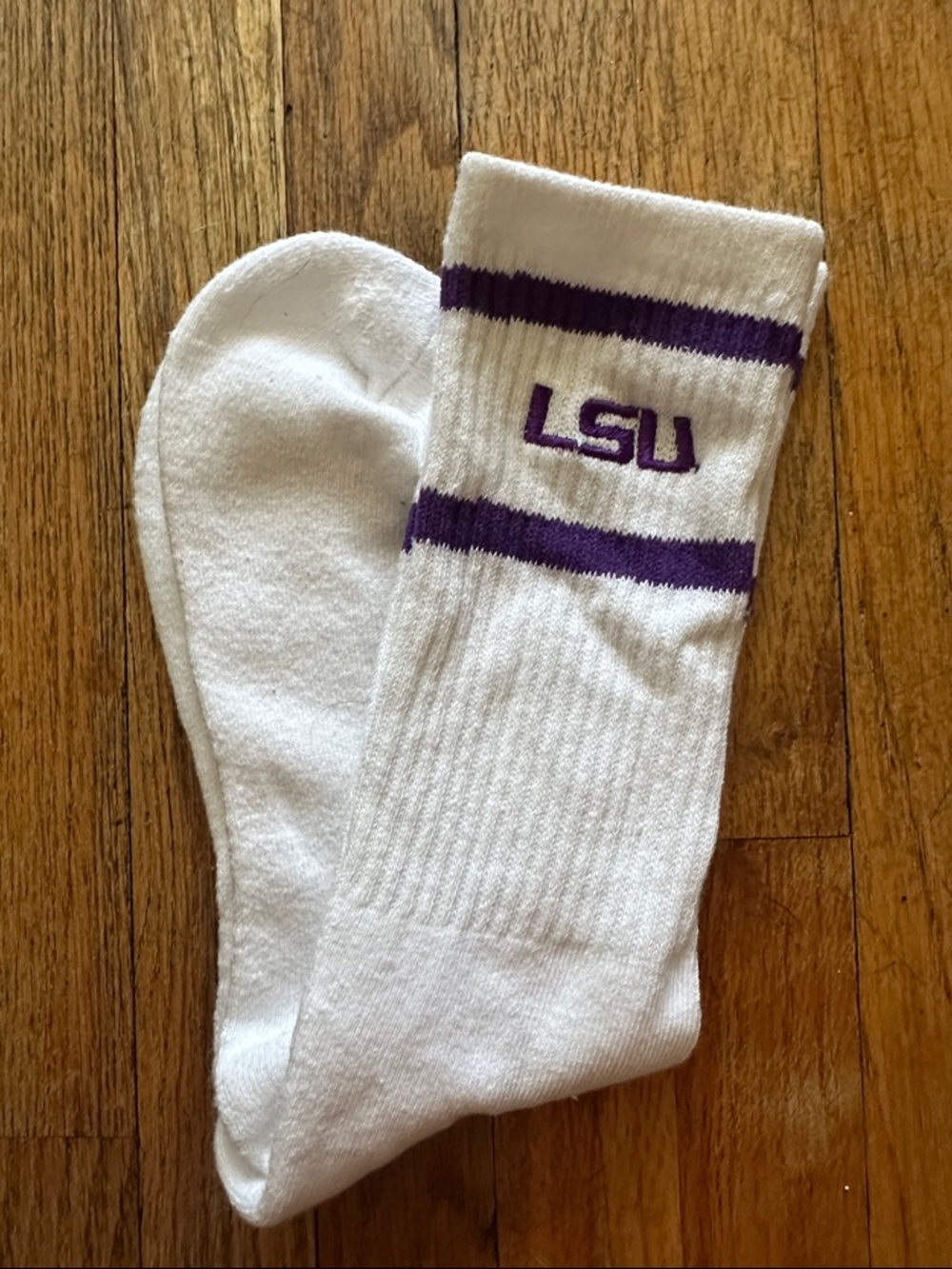 LSU white athletic socks with purple stripes.
*updated from NWT on April 20